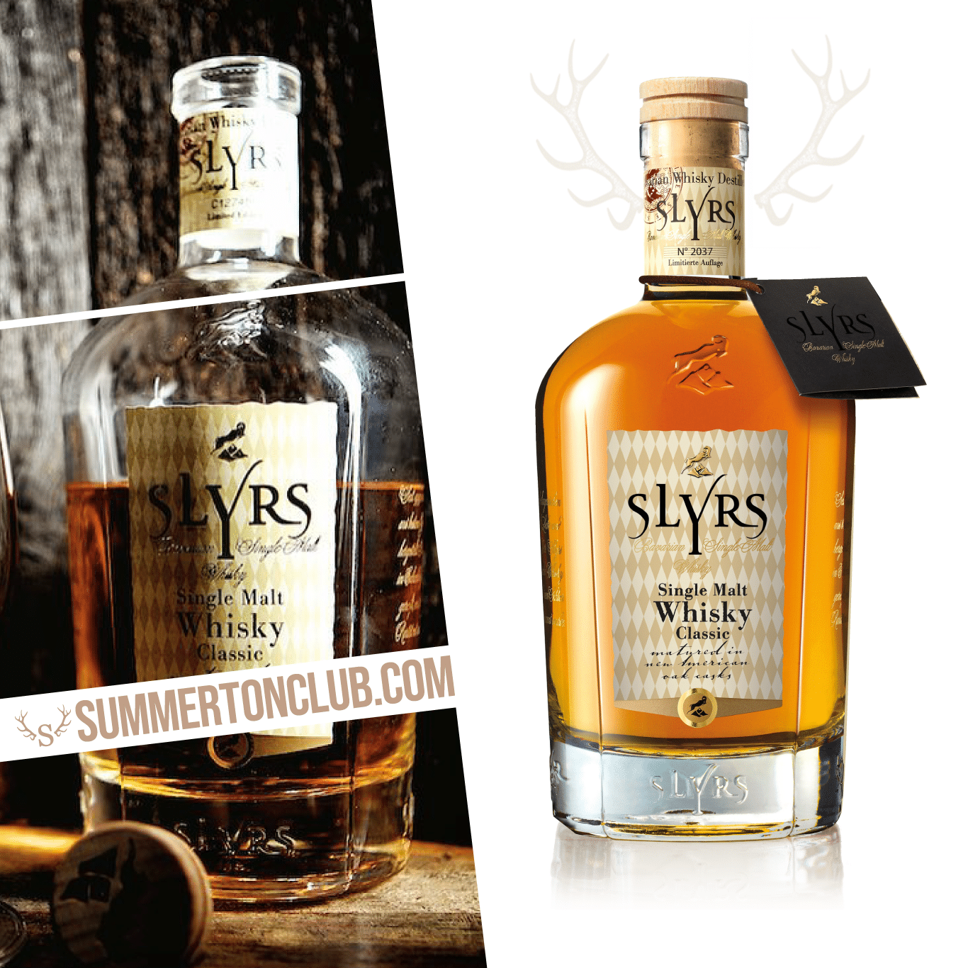 A collage of two images featuring bottles of SLYRS Classic Single Malt Whisky. One image shows the bottle labeled 'SLYRS Single Malt Whisky Classic' with a clear view of the whisky inside and branding details.
